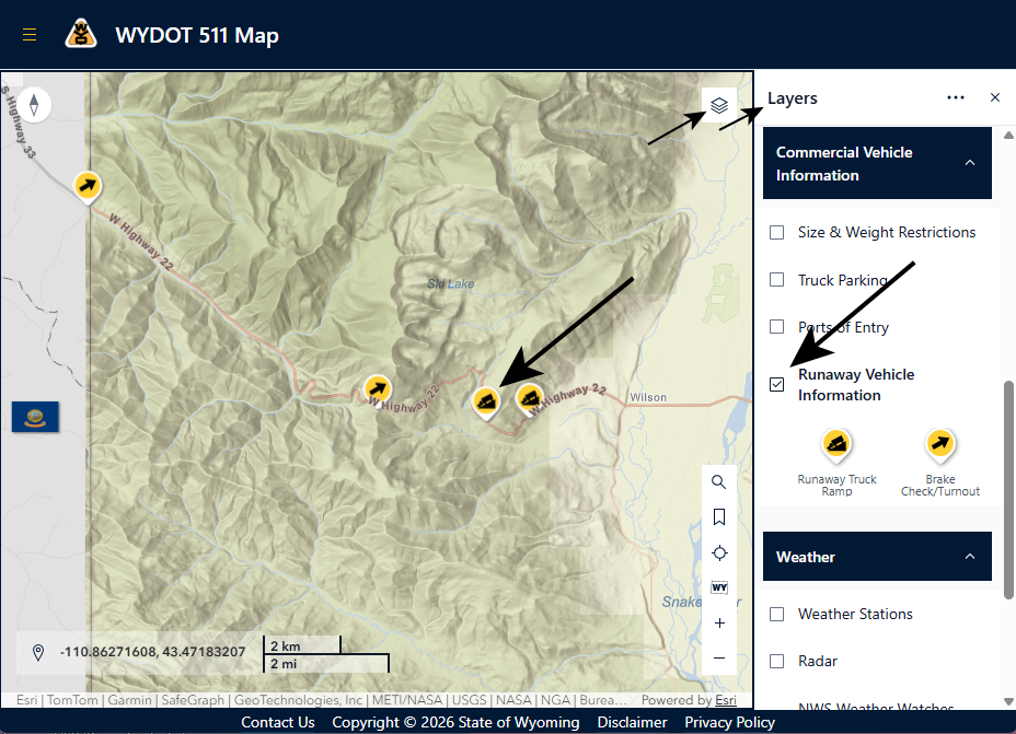 Screenshot of WYDOT 511 Map showing runaway vehicle systems