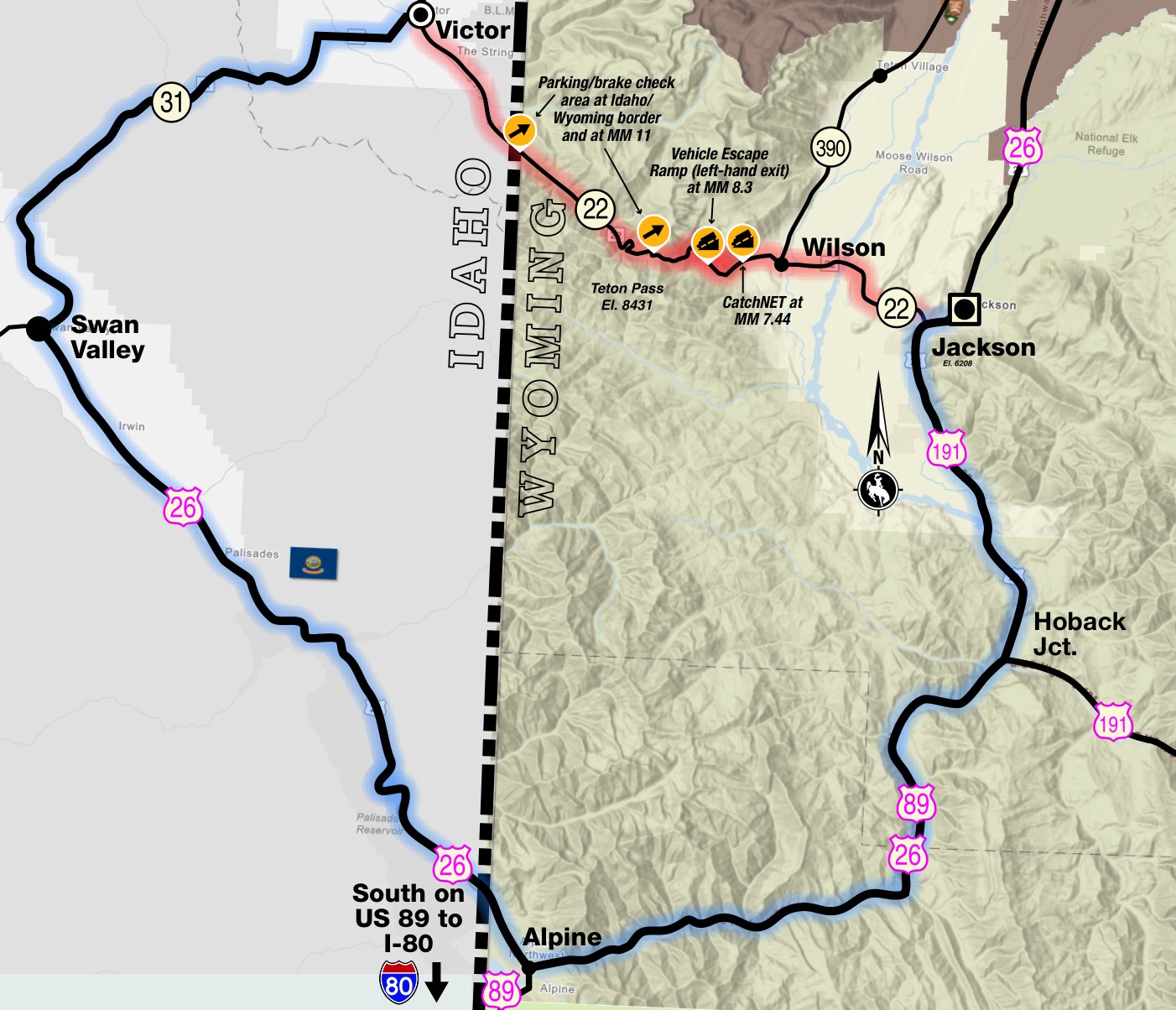 Map of alternate route via US 26 and Alpine