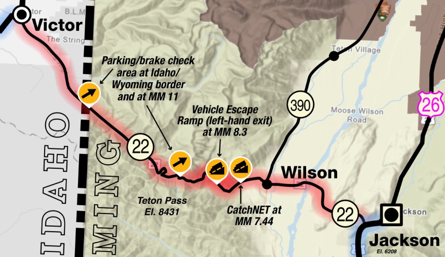 Map of truck escape ramp and catchnet system on Teton Pass.